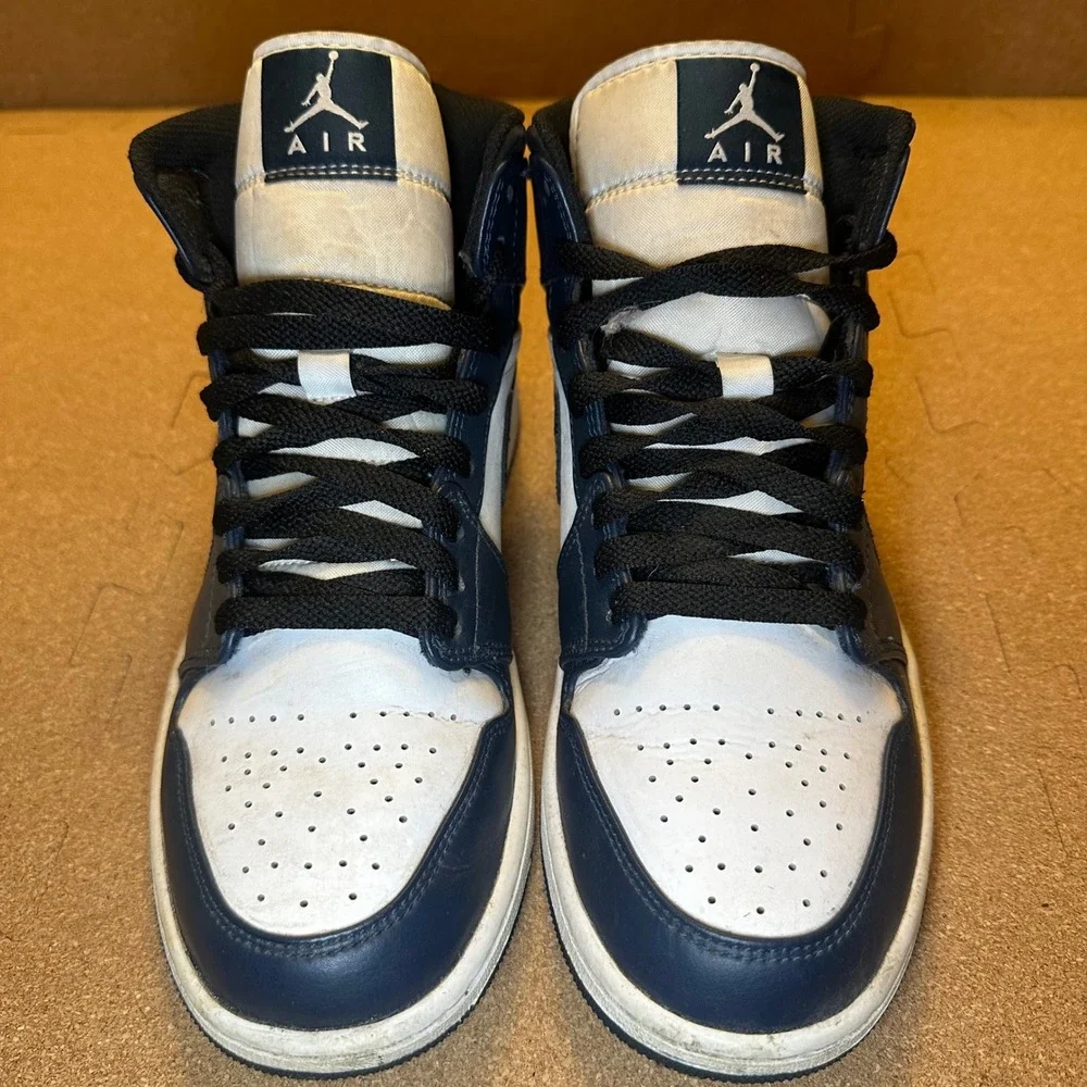 Air Jordan 1 Mid Obsidian White Navy Blue Mens Sneakers 554724-411 Size 9